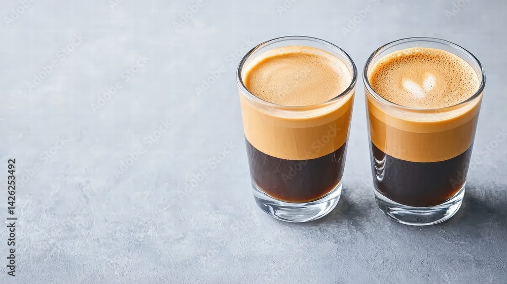 Two elegant glasses of rich coffee positioned on a wooden table with soft lighting around them Two elegant glasses of rich coffee positioned on a wooden table with soft lighting around them