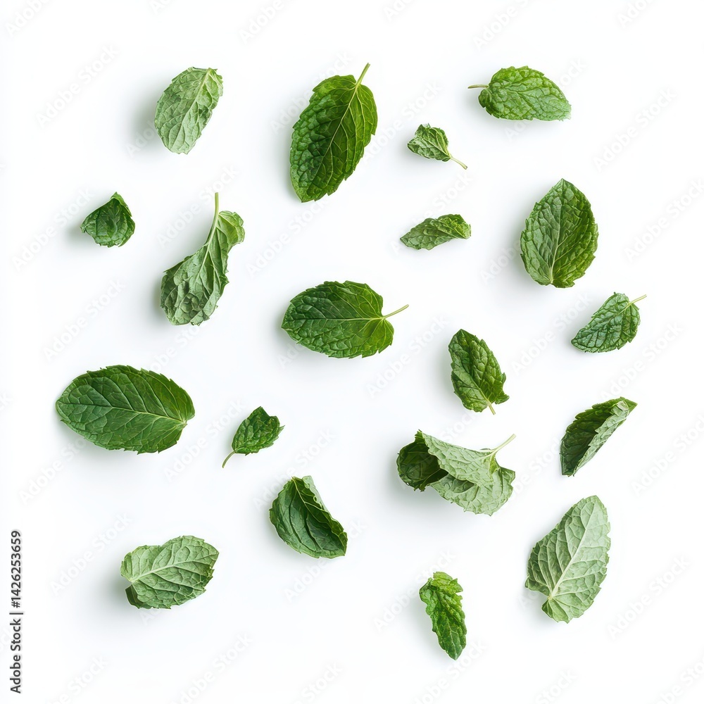 Fresh mint leaves scattered on a white background. A top-down view showcases various sizes and shapes of vibrant green mint leaves, arranged in a slightly random pattern Fresh mint leaves scattered on a white background. A top-down view showcases various sizes and shapes of vibrant green mint leaves, arranged in a slightly random pattern