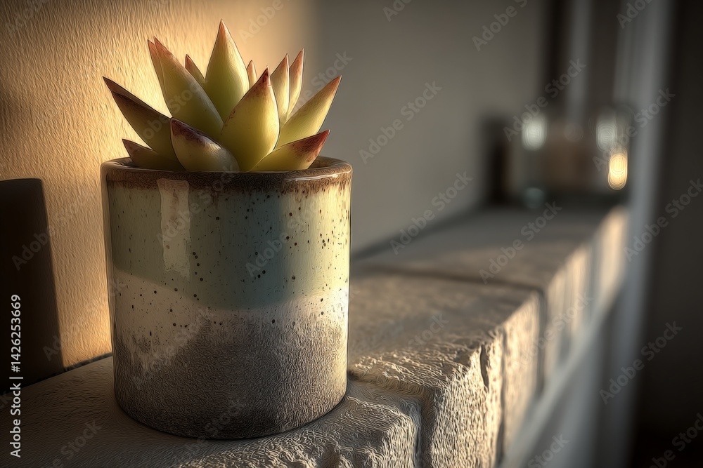 Succulent plant in a decorative pot on a stone ledge illuminated by warm sunlight in a cozy room Succulent plant in a decorative pot on a stone ledge illuminated by warm sunlight in a cozy room