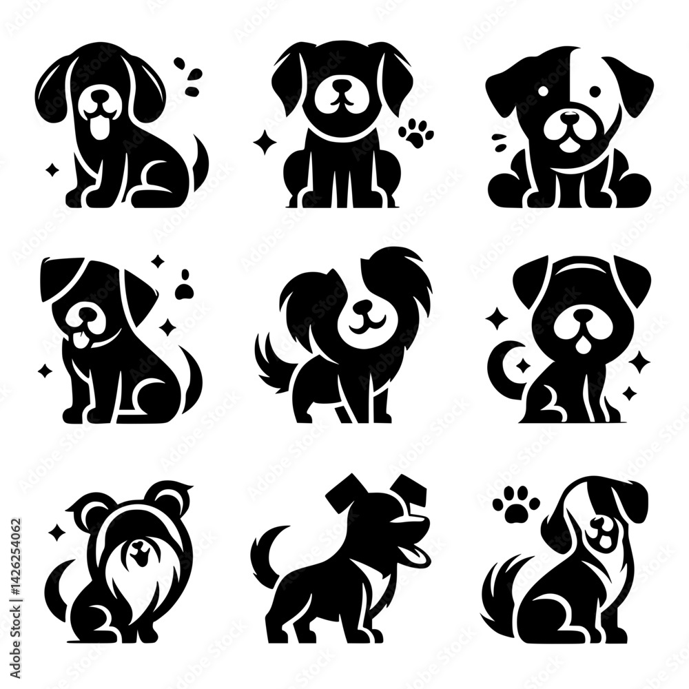 Naklejka premium Various simple black dog icon illustrations