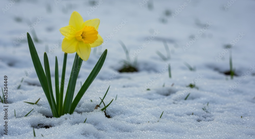 Naklejka premium Daffodil in Winter Snow - A single yellow daffodil bravely blooms amidst a blanket of fresh snow, signifying resilience and the arrival of spring