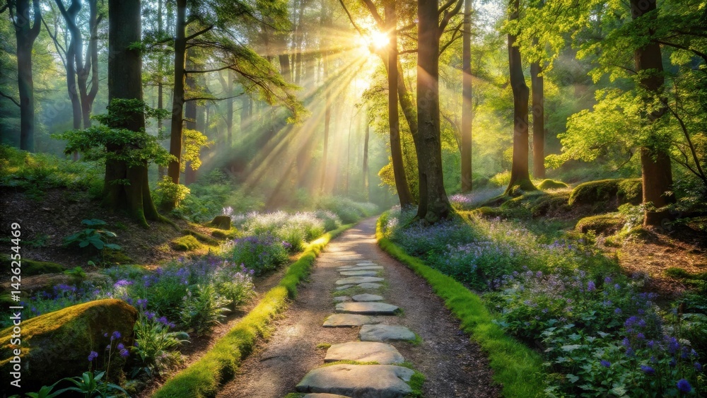 Fototapeta premium Sunlit Path Through a Mystical Forest with Blooming Flowers