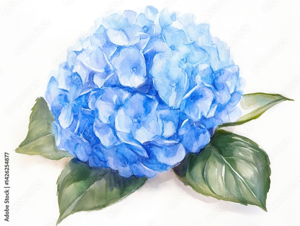 Obraz premium Watercolor Blue Hydrangea Bloom Surrounded by Leaves