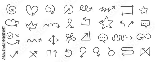 Vector cartoon abstract illustration of collection of different line shape element with arrow on white background. Flat hand drawn sketch doodle style design of set of simple different icon with arrow