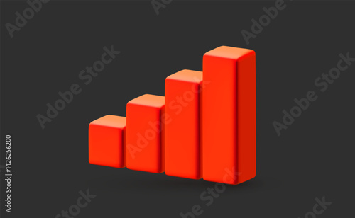 Vector financial realistic illustration of red data bar chart on black background. 3d cartoon style design of business step graph icon. Different level growth scale graph