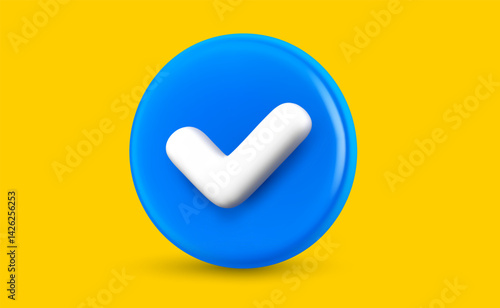 Vector realistic illustration. 3d cartoon style design of checklist tick, done check mark. Blue color circle with tick on yellow background. Business checkmark icon. Symbol of correct and right choose