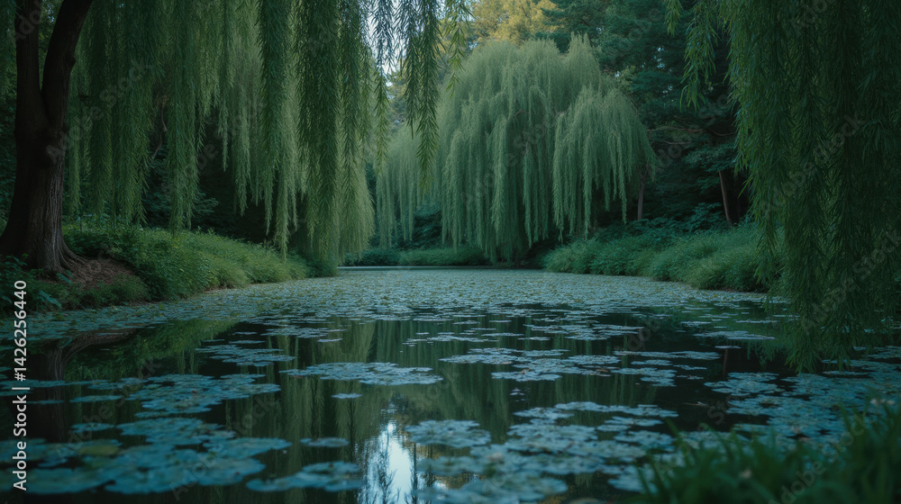 serene pond surrounded by lush greenery and willow trees, reflecting calm water and lily pads, creates peaceful atmosphere