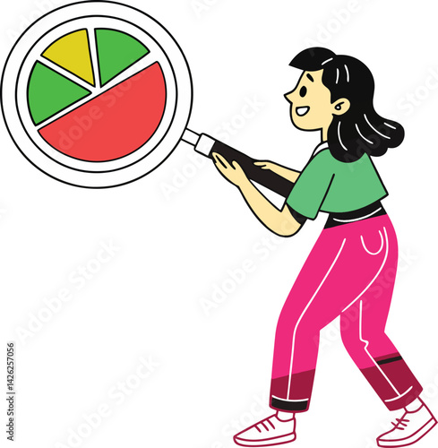 Girl Analyzing Pie Chart with Magnifying Glass – Flat Vector Illustration
