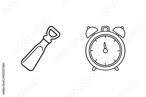 Minimalist Outlined Bottle Opener And Alarm Clock For Restaurant Themes And Time Management