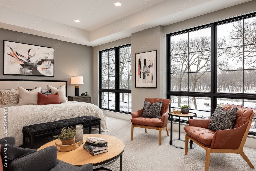 Modern bedroom design with large windows overlooking winter landscape in a cozy home setting Modern bedroom design with large windows overlooking winter landscape in a cozy home setting