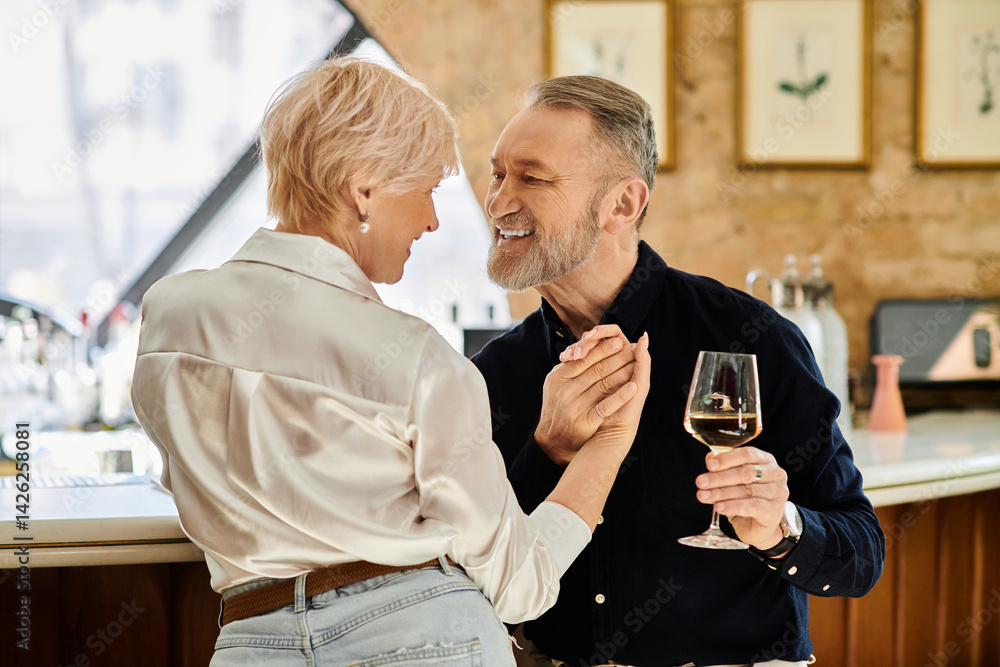Mature couple shares a romantic evening at a cozy bar in a charming city