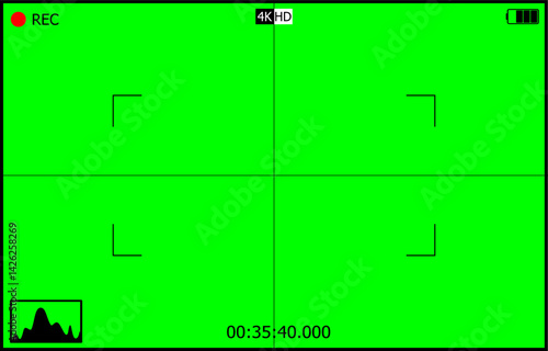 Video recording frame. Camera viewfinder with recording interface with green screen background.