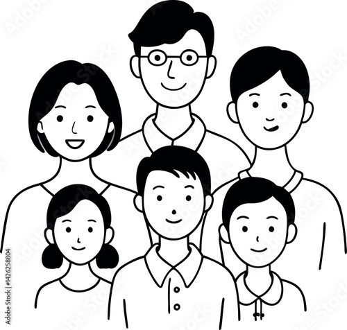 Minimalist Line Drawing of Asian Family Vector