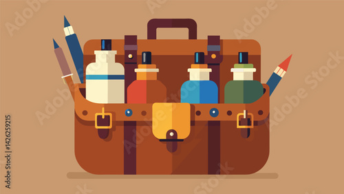 A leather satchel filled with various sized ink pots each labeled with a different type of writing tool.. Vector illustration