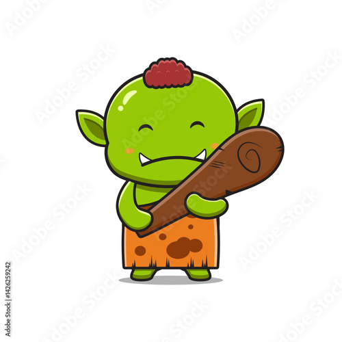 Cute goblin holding cudgel cartoon icon illustration