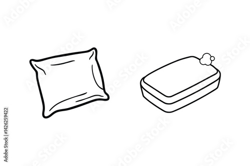 Simple Line Art Illustration Of Pillow And Soap For Hygiene And Comfort
