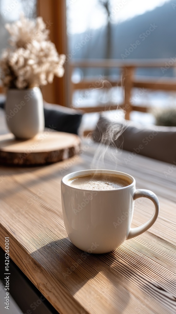 Close-up of a steaming coffee mug on a wooden table, offering a serene view of mountains in the morning light Close-up of a steaming coffee mug on a wooden table, offering a serene view of mountains in the morning light