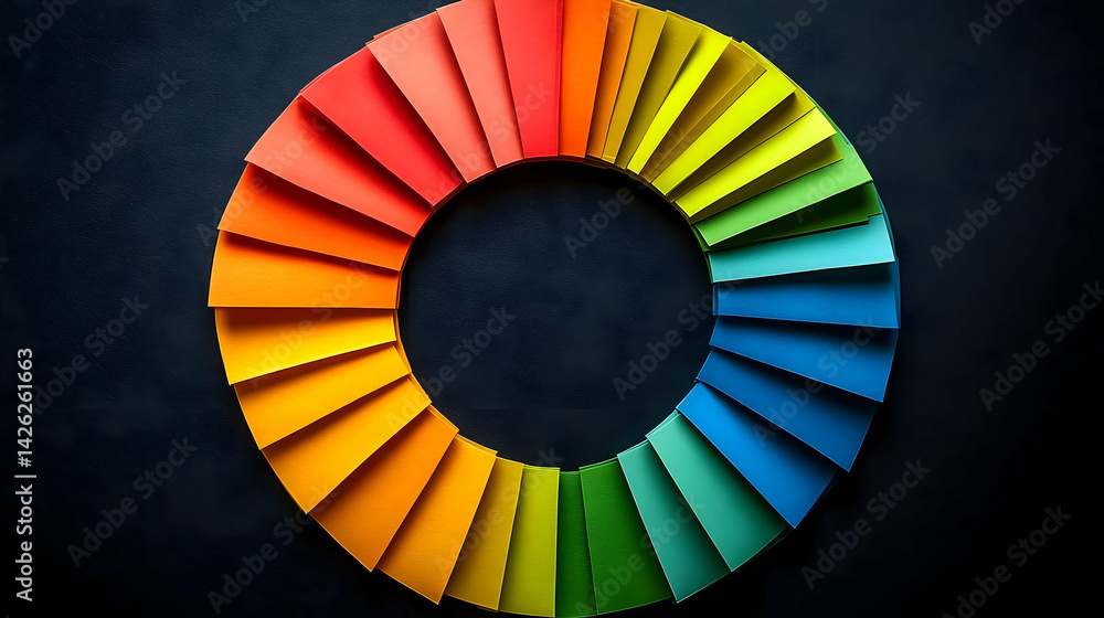 Obraz premium Circle of colorful paper sheets on a dark textured surface from red orange yellow green and blue hues