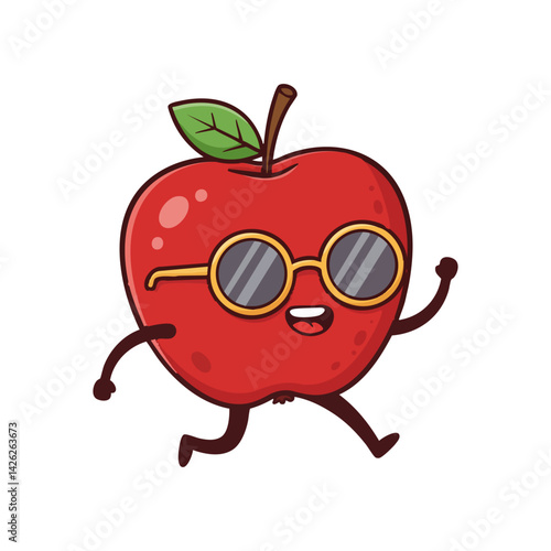 cute icon character apple wearing sunglasses and running.