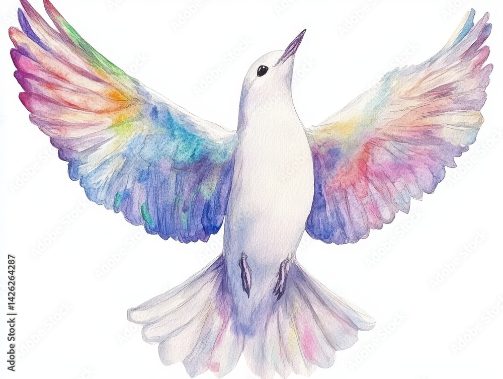 Fototapeta premium Watercolor dove with rainbowhued wings soars