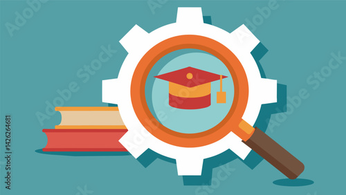 A gear with a magnifying glass zoomed in on it symbolizing the intense scrutiny and criticism that student loan servicers often face from borrowers. Vector illustration