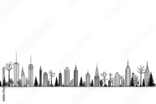 Minimalistic line art illustration of a city skyline, with simple outlines and no intricate details