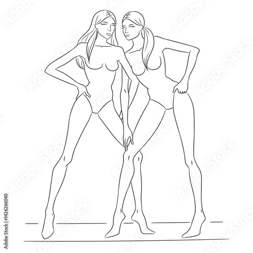 A professional fashion croquis template featuring two female models posing. This clean and minimalistic line art sketch is perfect for fashion designers, illustrators to create stylish outfit designs