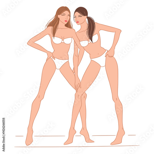 Vector illustration of two fashion models in stylish poses, wearing white lingerie.  This fashion sketch is ideal for showcasing beauty, elegance, female form, and fashion design concepts. 