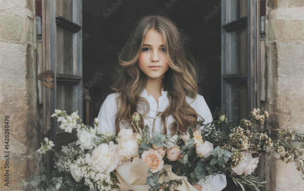 Teenage girl at confirmation ceremony holding large bouquet of flowers in elegant dress with soft lighting