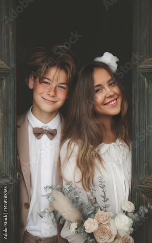 Obraz na płótnie Happy teenagers standing in a doorway during confirmation ceremony, dressed in formal clothes and smiling brightly w salonie