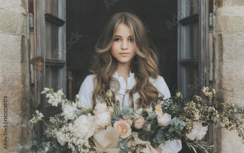 Obraz na płótnie Teenage girl at confirmation ceremony holding large bouquet of flowers in elegant dress with soft lighting w salonie