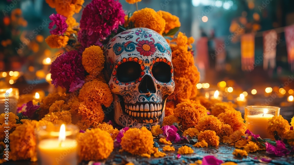 Day of the Dead celebration with colorful skull, candles, and marigolds Day of the Dead celebration with colorful skull, candles, and marigolds