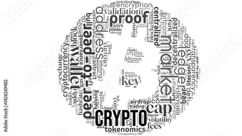 Innovative word cloud centered on "Crypto," featuring keywords related to cryptocurrency, blockchain, digital finance, and the future of money. Perfect for fintech, investment, and tech-related visual