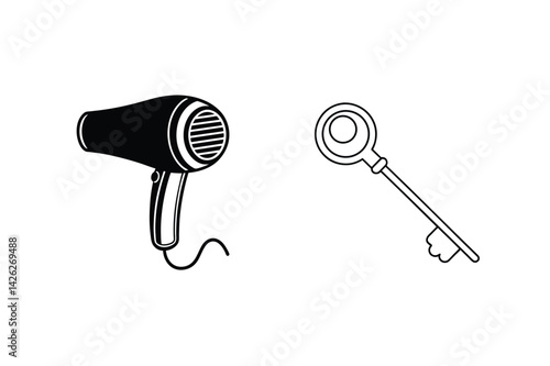 Hairdryer And Key Stylized Icons Black And White Minimalist Illustration Graphic Design
