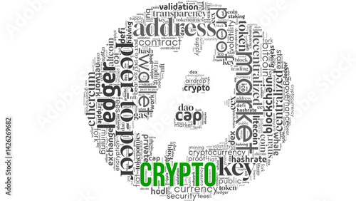 Innovative word cloud centered on "Crypto," featuring keywords related to cryptocurrency, blockchain, digital finance, and the future of money. Perfect for fintech, investment, and tech-related visual