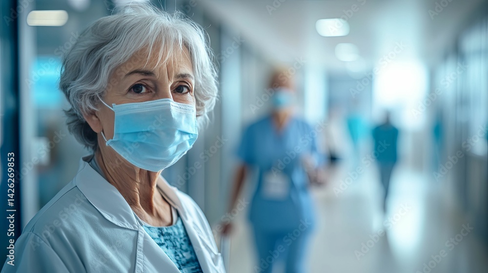 Senior healthcare professional wearing a face mask in a hospital corridor. Senior healthcare professional wearing a face mask in a hospital corridor.