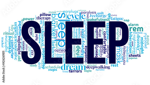 Relaxing word cloud centered on "Sleep," with keywords about rest, health, and relaxation. Perfect for wellness, bedtime routines, insomnia help, and calming lifestyle visuals