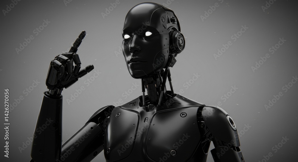Naklejka premium Futuristic Humanoid Robot Design - A detailed of a black humanoid robot with glowing eyes, symbolizing artificial intelligence, technology, future, innovation, and human-like robotics