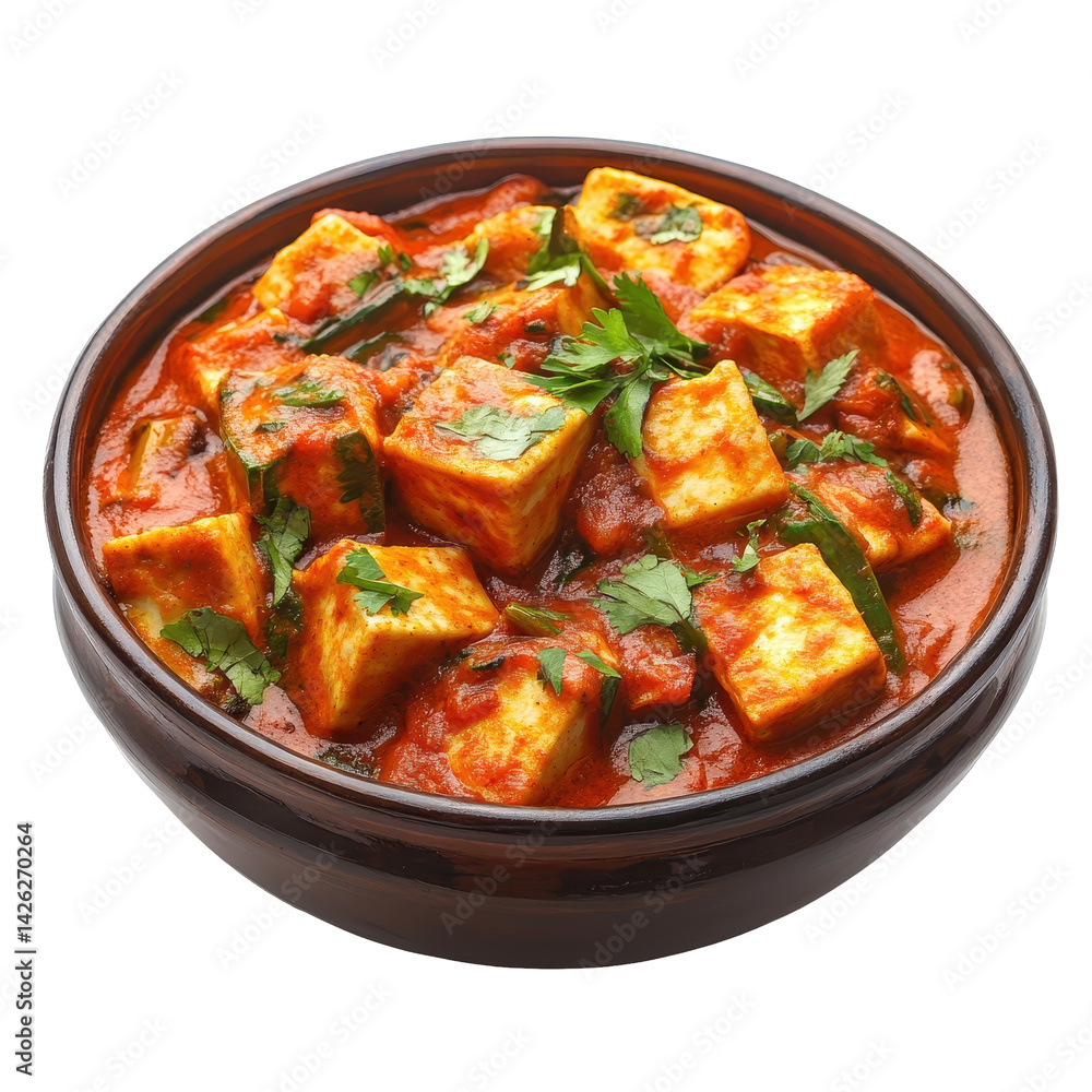Fototapeta premium Delicious paneer tikka masala dish served in a traditional bowl garnished with fresh cilantro