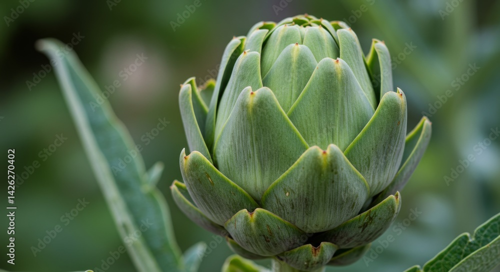 Garden Artichoke Close Up - Vibrant green artichoke, healthy eating, culinary delight, garden freshness, spring harvest Garden Artichoke Close Up - Vibrant green artichoke, healthy eating, culinary delight, garden freshness, spring harvest