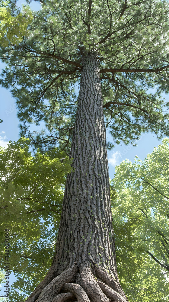 Naklejka premium Majestic pine tree, park setting, summer day, sunlight canopy