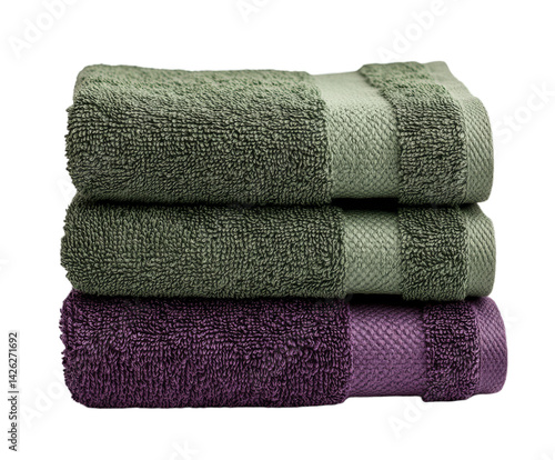 Three plush towels are stacked in a neat arrangement, featuring two shades of green on top and a rich purple at the bottom. These towels provide comfort and style for any bathroom setting