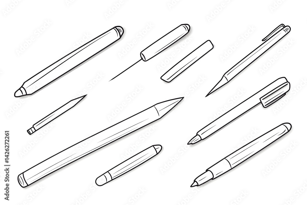 Assorted writing instruments; pens, pencils, markers, styluses Assorted writing instruments; pens, pencils, markers, styluses