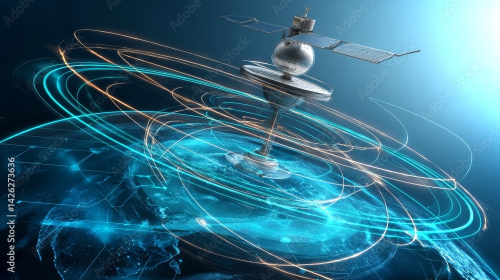 Satellite operations bot adjusting a floating communications array in low Earth orbit