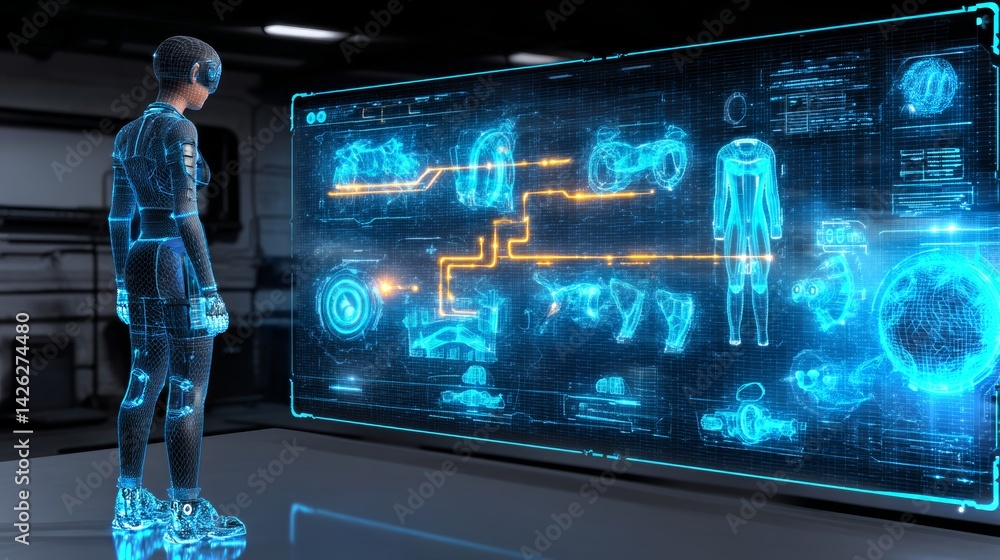 Streamlined android interacting with holographic display showcasing advanced engineering concepts