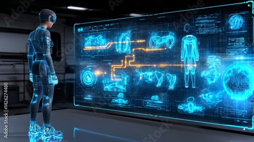 Obraz na płótnie Streamlined android interacting with holographic display showcasing advanced engineering concepts w salonie