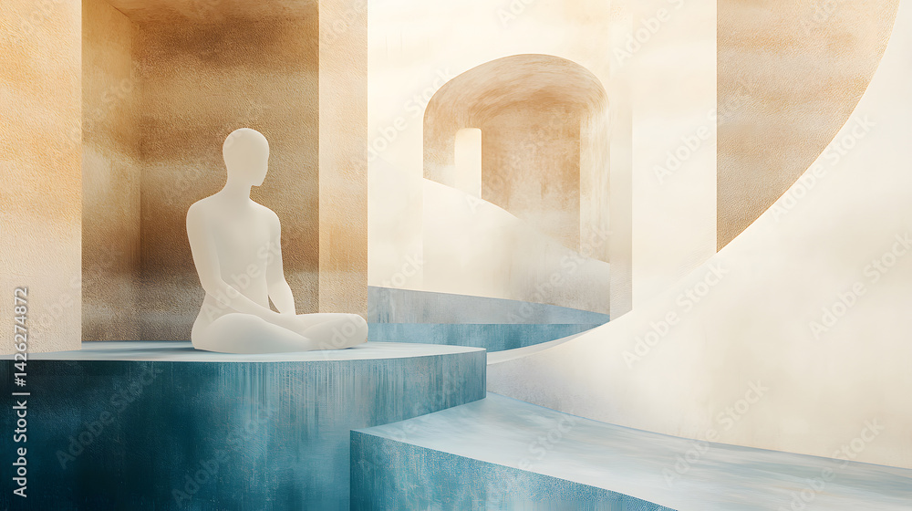 Abstract shapes drawn from still, geometric landscape in soft blue and beige tones represent mental stability, emotional clarity and inner peace in wellness-inspired setting.