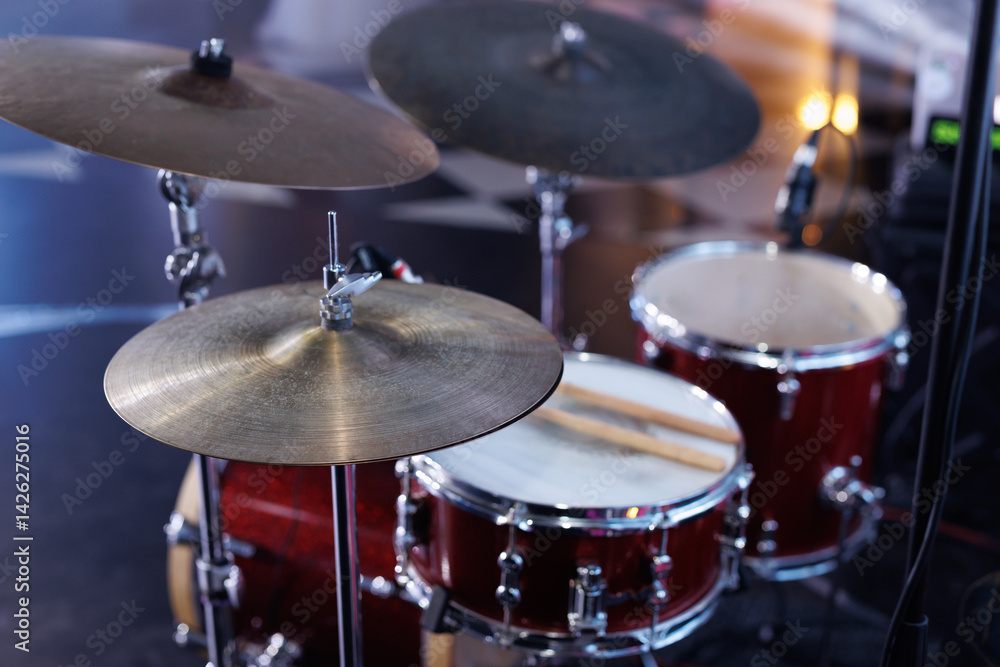Fototapeta premium Drum kit, drums in the restaurant hall during the wedding banquet.