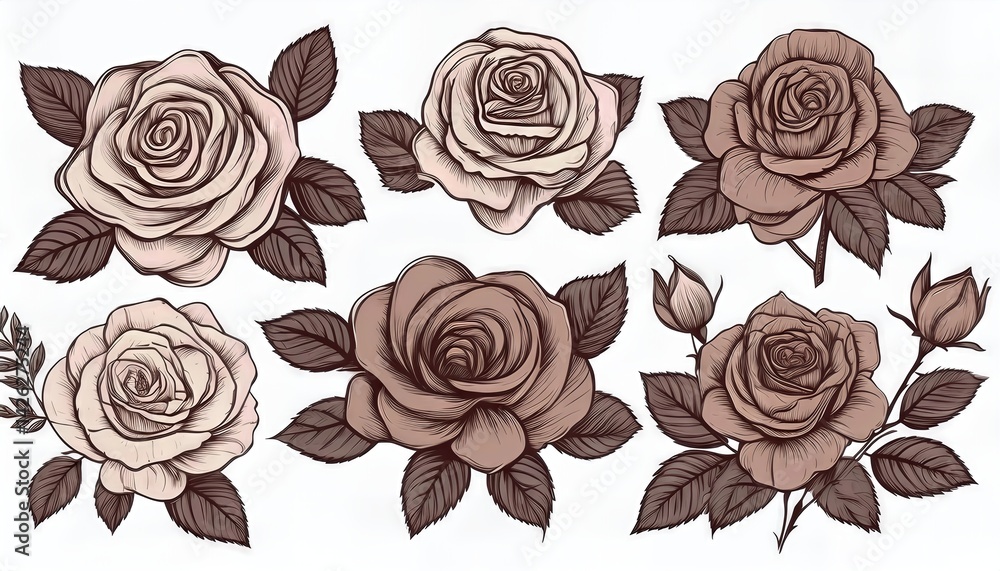 Decorative Hand Drawn Roses Isolated on White A Symphony of Delicate Lines and Rich Hues, Evoking Elegance and Romance in this Timeless Masterpiece Decorative Hand Drawn Roses Isolated on White A Symphony of Delicate Lines and Rich Hues, Evoking Elegance and Romance in this Timeless Masterpiece