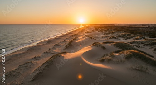 Golden Hour Sunset Dunescape - Serene sunset over sandy beach and rolling dunes. Symbolizing peace, tranquility, natural beauty, golden hour magic, and coastal serenity